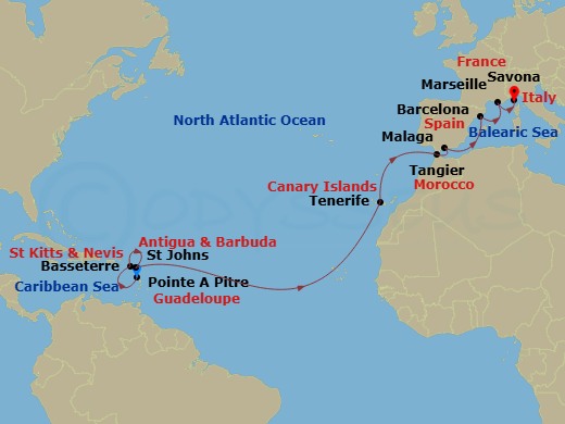 Costa Favolosa - 16 Night - Transatlantic from Pointe a Pitre - Costa Favolosa - Starting in Pointe-a-Pitre, Basseterre, St Johns AG, Antigua, Santa Cruz de Tenerife, Tangier,.. itinerary map