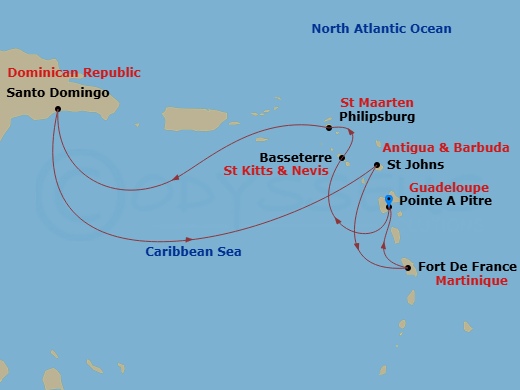 Costa Favolosa - 7 Night - Western Caribbean from Pointe a Pitre - Costa Favolosa - Starting in Pointe-a-Pitre, Basseterre, St Maarten (Philipsburg), Santo Domingo, St Johns A.. itinerary map