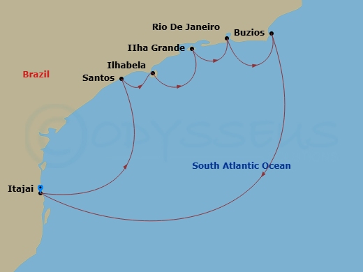 MSC Sinfonia - 7 Night - South America - MSC Sinfonia - Starting in Itajai, Brazil, Santos (Sao Paulo), Brazil, Ilhabela, Brazil, Ilha Grande, Brazil, Rio De Janeiro, Brazil.. itinerary map