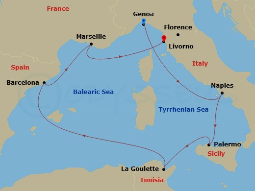 MSC Splendida - 7 Night - Mediterranean - MSC Splendida - Starting in Genoa (Portofino), Italy, Naples (Pompeii), Italy, Palermo (Monreale), Italy, La Goulette, Tunisia, Barc.. itinerary map
