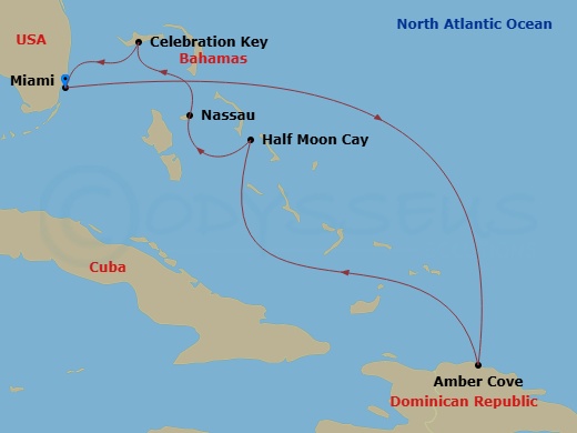 Carnival Celebration - 7 Night - Eastern Caribbean - Carnival Celebration - Starting in Miami, Fl, Amber Cove, Dominican Republic, Relaxaway, Half Moon Cay, Nassau, Bahamas, Celebra.. itinerary map