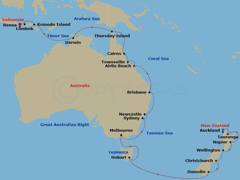 Viking Venus - 30 Night - Australia, New Zealand & Indonesia - Viking Venus - Starting in Auckland, Rotorua (Tauranga), Napier, Wellington, Christchurch, Dunedin, Scenic Sai.. itinerary map