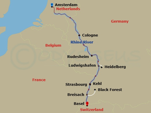 Avalon View - 7 Night - Romantic Rhine (Southbound) - Avalon View - Starting in Amsterdam, Holland (Embarkation), Amsterdam, Cologne, Germany, Rhine Gorge / Rudesheim, Ludw.. itinerary map