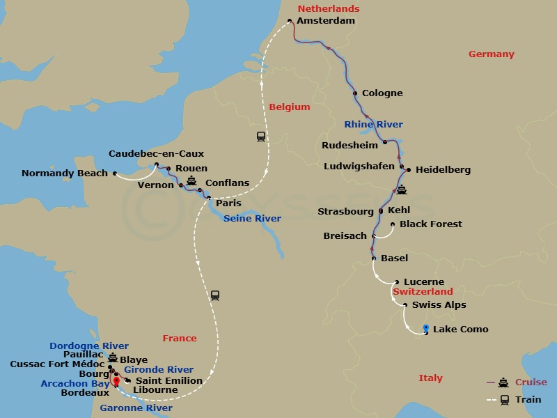 Avalon View Cruise Tours - 25 Night - Vineyards, Chateaux & Bordeaux with Swiss Alps, in Lake Como & in Lucerne - Avalon View Cruise Tours - Starting in Lake Como, Italy, Lake Como, Lak.. itinerary map