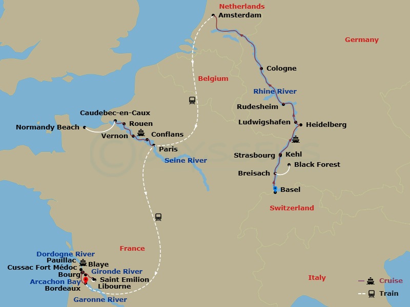 Avalon View - 21 Night - Vineyards, Chateaux & Bordeaux - Avalon View - Starting in Basel, Switzerland (Embarkation), Breisach, Germany Excursion to Black Forest, Kehl Excu.. itinerary map