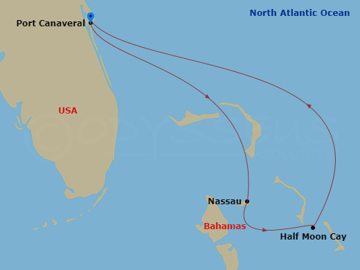 Carnival Mardi Gras - 4 Night - Bahamas - Carnival Mardi Gras - Starting in Port Canaveral (Orlando), Fl, Nassau, Bahamas, Half Moon Cay, the Bahamas, Port Canaveral (Orlando), Fl itinerary map