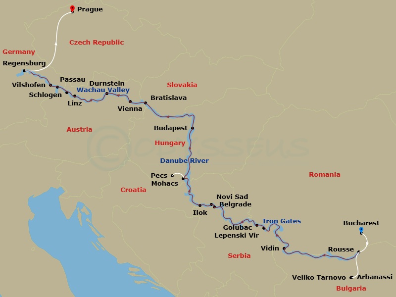 Avalon Passion Cruise Tours - 18 Night - The Danube from Romania to Germany with in Bucharest & in Prague - Avalon Passion Cruise Tours - Starting in Bucharest, Romania, Bucharest, Rousse,.. itinerary map
