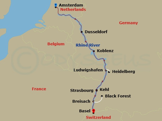 Avalon Envision - 7 Night - Active & Discovery On the Rhine (Southbound) - Avalon Envision - Starting in Amsterdam, Holland (Embarkation), Amsterdam, Dusseldorf, Germany, Koble.. itinerary map