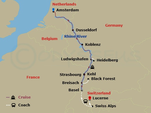 Avalon Envision Cruise Tours - 9 Night - Active & Discovery On the Rhine with in Lucerne (Southbound) - Avalon Envision Cruise Tours - Starting in Amsterdam, Holland (Embarkation), Amsterda.. itinerary map