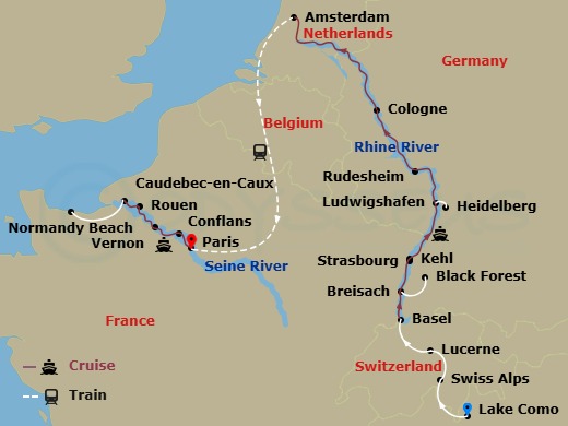 Avalon Envision Cruise Tours - 18 Night - Timeless Rivers of Europe : the Rhine and Seine with Swiss Alps, in Lake Como & in Lucerne - Avalon Envision Cruise Tours - Starting in Lake Como,.. itinerary map