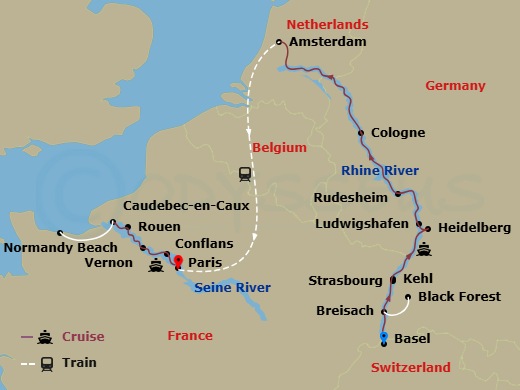 Avalon Envision - 14 Night - Timeless Rivers of Europe : the Rhine and Seine - Avalon Envision - Starting in Basel, Switzerland (Embarkation), Breisach, Germany Excursion to Bl.. itinerary map