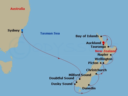 Celebrity Edge - 11 Night - New Zealand Cruise - Celebrity Edge - Starting in Sydney AU, Milford Sound, New Zealand, Doubtful Sound, Dusky Sound, Dunedin, New Zealand, Christc.. itinerary map