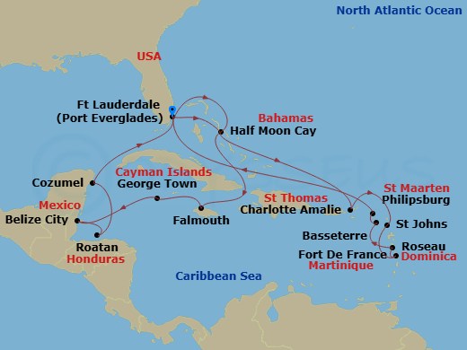 HAL Koningsdam - 21 Night - Western & Eastern Caribbean : Mexico & Leeward Islands - HAL Koningsdam - Starting in Fort Lauderdale, Florida, Half Moon Cay, Bahamas, Falmouth, J.. itinerary map