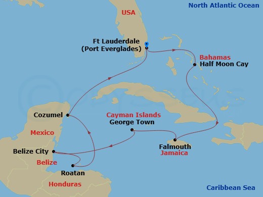 HAL Koningsdam - 10 Night - Western Caribbean : Greater Antilles, Belize & Mexico - HAL Koningsdam - Starting in Fort Lauderdale, Florida, Half Moon Cay, Bahamas, Falmouth, Ja.. itinerary map