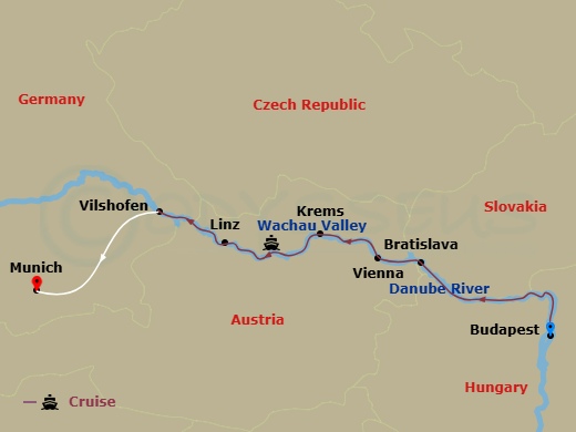 8 Night - Danube Symphony with in Budapest & in Munich (Westbound) - Avalon Tranquility II Tours - Starting in Budapest, Hungary, Budapest (Embarkation), Bratislava, Slovakia, Vienna, Austria, Krems / Wachau Valley, Linz, Vilshofen, Germany (Disembarkation) Munich, Munich itinerary map