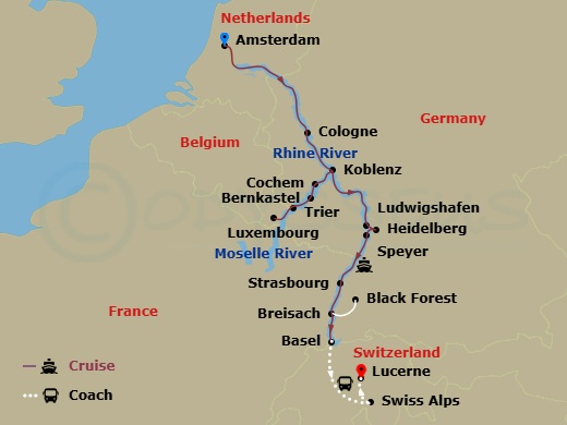Avalon Tranquility II Cruise Tours - 12 Night - The Rhine & Moselle with in Lucerne (Southbound) - Avalon Tranquility II Cruise Tours - Starting in Amsterdam, Holland (Embarkation), Amsterdam, Co.. itinerary map