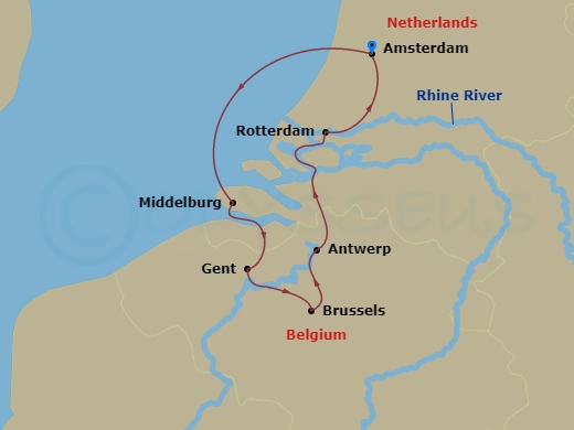 Avalon Tranquility II - 7 Night - Active & Discovery in Holland & Belgium - Avalon Tranquility II - Starting in Amsterdam, Holland (Embarkation), Middelburg, Ghent, Belgium, Brussels.. itinerary map