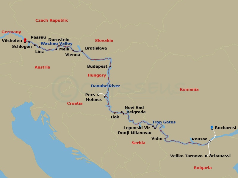Avalon Illumination Cruise Tours - 16 Night - The Danube from Romania to Germany with in Bucharest - Avalon Illumination Cruise Tours - Starting in Bucharest, Romania, Bucharest, Rousse, Bulgar.. itinerary map