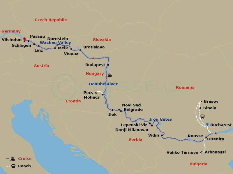 Avalon Illumination Cruise Tours - 18 Night - The Danube from Romania to Germany with in Bucharest and in Transylvania - Avalon Illumination Cruise Tours - Starting in Bucharest, Romania, Bucha.. itinerary map