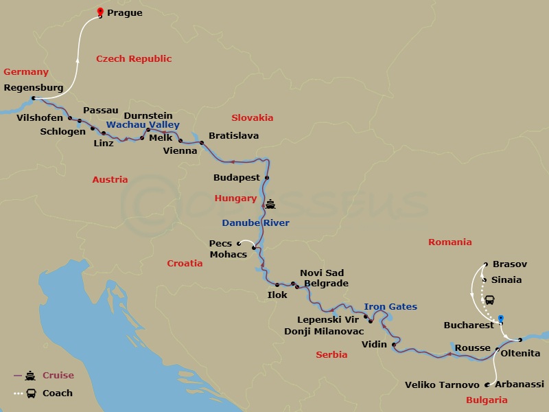 Avalon Illumination Cruise Tours - 20 Night - The Danube from Romania to Germany with in Bucharest, in Transylvania & in Prague - Avalon Illumination Cruise Tours - Starting in Bucharest, Roman.. itinerary map