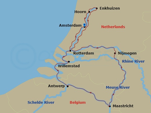 Avalon Vista - 9 Night - The Netherlands in Bloom - Avalon Vista - Starting in Amsterdam, Holland (Embarkation), Hoorn, Enkhuizen, Nijmegen, Maastricht, Antwerp, Belgium, Wi.. itinerary map