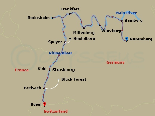 Avalon Vista - 9 Night - Christmastime from Nuremberg to Basel - Avalon Vista - Starting in Nuremberg, Germany (Embarkation), Nuremberg, Bamberg, Wurzburg, Miltenberg, Frank.. itinerary map