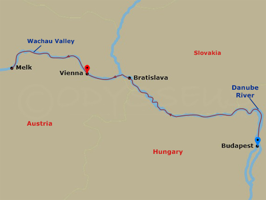 Avalon Visionary - 5 Night - Christmastime from Budapest to Vienna - Avalon Visionary - Starting in Budapest, Hungary (Embarkation), Budapest, Bratislava, Slovakia, Melk, Austri.. itinerary map