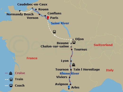 Avalon Poetry II - 14 Night - Grand France (Northbound) - Avalon Poetry II - Starting in Arles, France (Embarkation), Arles, Avignon, Viviers, Tain-lhermitage Excursion to Tourn.. itinerary map