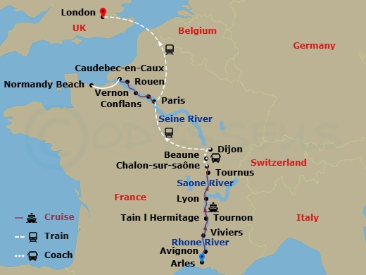 Avalon Poetry II Cruise Tours - 17 Night - Grand France with in London (Northbound) - Avalon Poetry II Cruise Tours - Starting in Arles, France (Embarkation), Arles, Avignon, Viviers, Tain-l.. itinerary map