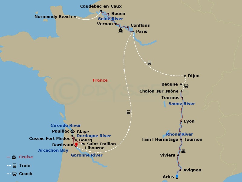 Avalon Poetry II - 21 Night - France, Uncorked : the Rhone, the Seine & Bordeaux - Avalon Poetry II - Starting in Arles, France (Embarkation), Arles, Avignon, Viviers, Tain-lher.. itinerary map
