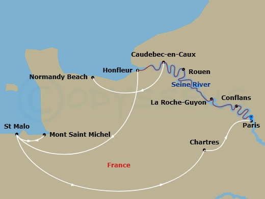 Avalon Tapestry II Cruise Tours - 10 Night - Active & Discovery On the Seine with in Saint-Malo (Mont St. Michel Visit) - Avalon Tapestry II Cruise Tours - Starting in Paris, France, Paris / H.. itinerary map