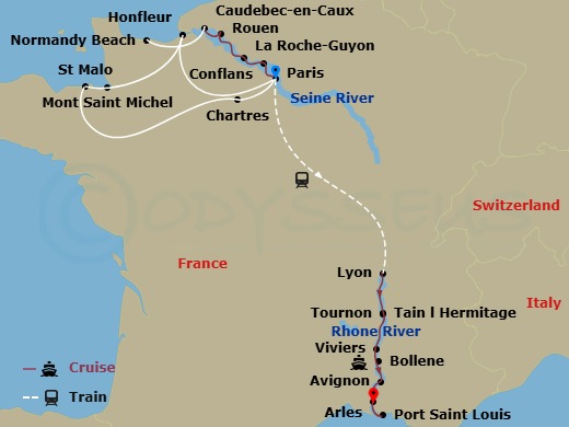 Avalon Tapestry II Cruise Tours - 17 Night - Active & Discovery On the Seine & Rhone with in Saint-Malo (Mont St. Michel Visit) - Avalon Tapestry II Cruise Tours - Starting in Paris, France, P.. itinerary map