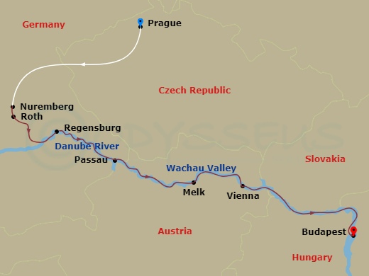 9 Night - The Legendary Danube with in Prague - Avalon Imagery II Tours - Starting in Prague, Czech Republic, Prague, Prague / Nuremberg, Germany (Embarkation), Nuremberg, Regensburg, Passau, Melk / Wachau Valley, Vienna, Budapest, Hungary, Budapest (Disembarkation) itinerary map