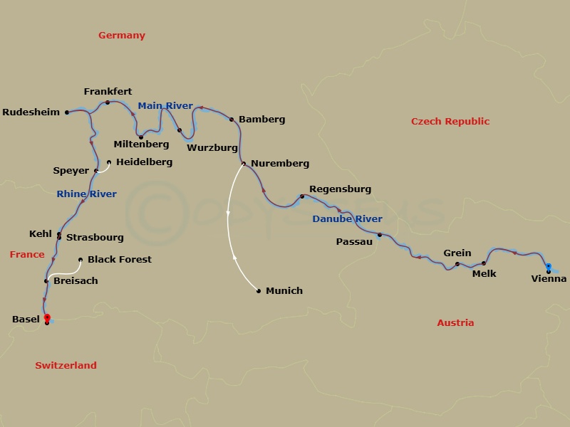 Avalon Imagery II - 15 Night - Christmastime from Vienna to Basel - Avalon Imagery II - Starting in Vienna, Austria (Embarkation), Vienna, Melk / Grein, Passau, Regensburg, Nurem.. itinerary map