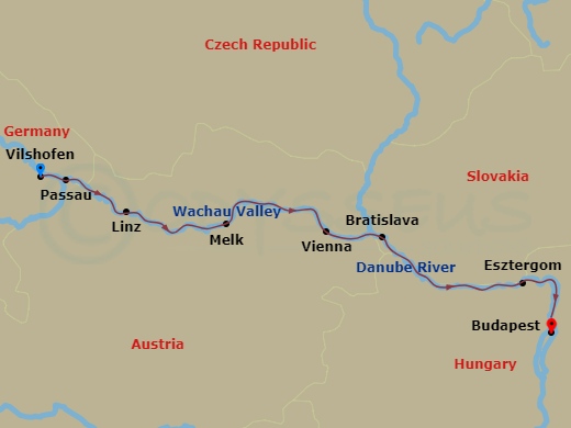 Avalon Imagery II - 9 Night - Illuminations On the Danube (Eastbound) - Avalon Imagery II - Starting in Vilshofen, Germany (Embarkation), Passau / Schlogen Oxbow, Linz, Austria,.. itinerary map
