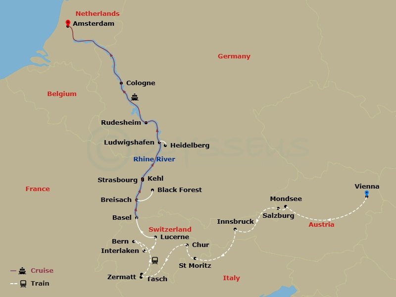 Avalon Panorama Cruise Tours - 17 Night - The Best of Austria & Switzerland with Romantic Rhine - Avalon Panorama Cruise Tours - Starting in Vienna, Austria, Vienna, Vienna / Mondsee / Salz.. itinerary map