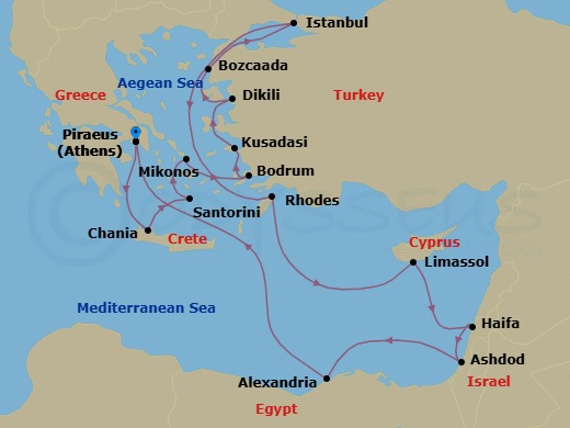 20 Night - Antiquity & Heritage - Seven Seas Mariner - Starting in Athens (Piraeus), Chania (Crete), Santorini, Mykonos, Cruising the Aegean Sea, Bodrum, Kusadasi, Dikili, Bozcaada, Istanbul, Cruising the Aegean Sea, Rhodes, Limassol, Jerusalem (Haifa), Jerusalem (Ashdod), Cruising the Mediterranean Sea, Alexandria EG, Cruising the Mediterranean Sea, Athens (Piraeus) itinerary map
