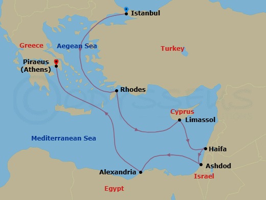 10 Night - Icons of Antiquity - Seven Seas Mariner - Starting in Istanbul, Cruising the Aegean Sea, Rhodes, Limassol, Jerusalem (Haifa), Jerusalem (Ashdod), Cruising the Mediterranean Sea, Alexandria EG, Cruising the Mediterranean Sea, Athens (Piraeus) itinerary map
