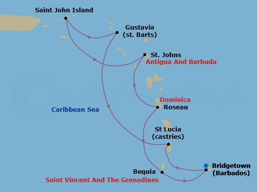 7 Night - Bridgetown to Bridgetown - Silver Spirit - Starting in Bridgetown, Castries, St Lucia, Gustavia, St Barthelemy, St John VI, St Johns, Roseau, Bequia, Bridgetown itinerary map