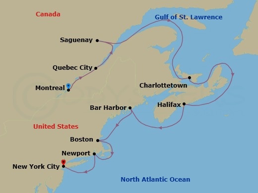12 Night - Canada & New England Fall Foliage - Seabourn Quest - Starting in Montreal, Quebec, Canada, Quebec City, Quebec, Canada, Saguenay, Quebec, Canada, Charlottetown, Prince Edward Island, Canada, Halifax, Nova Scotia, Canada, Bar Harbor, Maine, Boston, Massachusetts, Transit the Cape Cod Canal, Newport, Rhode Island, New York itinerary map