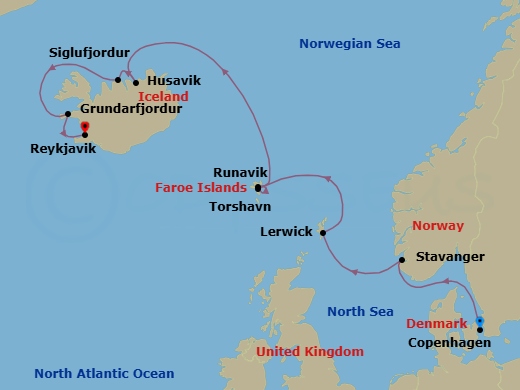 10 Night - Fjords, Folklore & Faroe Islands - Seabourn Quest - Starting in Copenhagen, Denmark, Stavanger, Norway, Lerwick, Shetland Islands, United Kingdom, Torshavn, Faroe Islands, Runavik, Faroe Islands, Husavik, Iceland, Siglufjordur, Iceland, Grundarfjordur, Iceland, Reykjavik, Iceland itinerary map