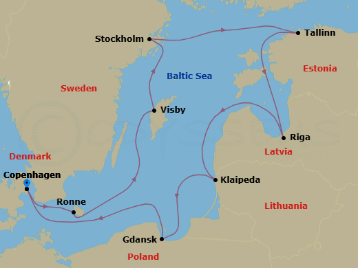 11 Night - Baltic Explorer : Estonia, Latvia, Lithuania & Poland - Seabourn Quest - Starting in Copenhagen, Denmark, Ronne (Bornholm), Denmark, Visby, Gotland, Sweden, Stockholm, Sweden, Tallinn, Estonia, Riga, Latvia, Klaipeda, Lithuania, Gdansk, Poland, Copenhagen, Denmark itinerary map