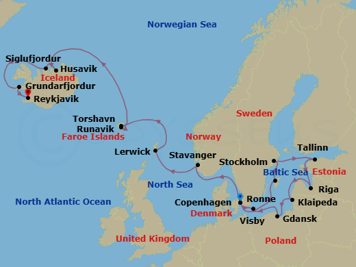 21 Night - Baltic Explorer, Faroe Islands & Iceland - Seabourn Quest - Starting in Copenhagen, Denmark, Ronne (Bornholm), Denmark, Visby, Gotland, Sweden, Stockholm, Sweden, Tallinn, Estonia, Riga, Latvia, Klaipeda, Lithuania, Gdansk, Poland, Copenhagen, Denmark, Stavanger, Norway, Lerwick, Shetland Islands, United Kingdom, Torshavn, Faroe Islands, Runavik, Faroe Islands, Husavik, Iceland, Siglufjordur, Iceland, Grundarfjordur, Iceland, Reykjavik, Iceland itinerary map
