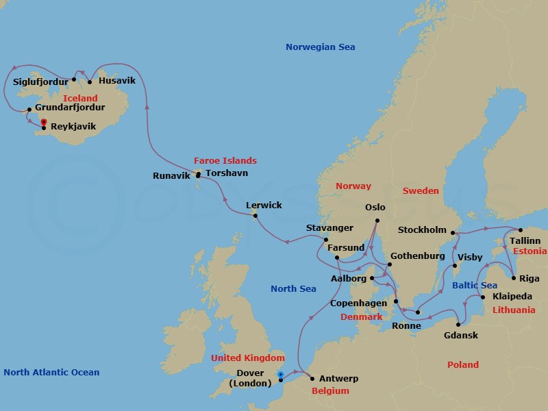 28 Night - Norwegian Fjords, Baltic Nights & Faroe Islands - Seabourn Quest - Starting in Dover UK (London), England, Antwerp, Belgium, Farsund, Norway, Oslo, Norway, Gothenburg, Sweden, Aalborg, Denmark, Copenhagen, Denmark, Ronne (Bornholm), Denmark, Visby, Gotland, Sweden, Stockholm, Sweden, Tallinn, Estonia, Riga, Latvia, Klaipeda, Lithuania, Gdansk, Poland, Copenhagen, Denmark, Stavanger, Norway, Lerwick, Shetland Islands, United Kingdom, Torshavn, Faroe Islands, Runavik, Faroe Islands, Husavik, Iceland, Siglufjordur, Iceland, Grundarfjordur, Iceland, Reykjavik, Iceland itinerary map