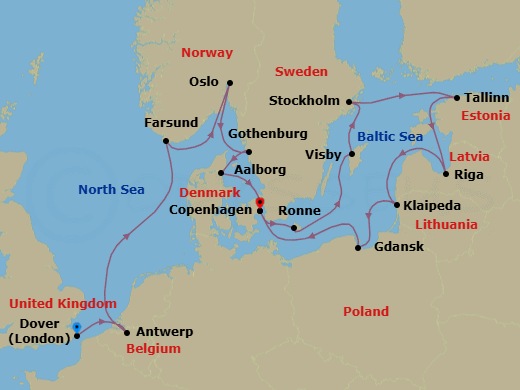18 Night - Norwegian Fjords & Baltic Nights - Seabourn Quest - Starting in Dover UK (London), England, Antwerp, Belgium, Farsund, Norway, Oslo, Norway, Gothenburg, Sweden, Aalborg, Denmark, Copenhagen, Denmark, Ronne (Bornholm), Denmark, Visby, Gotland, Sweden, Stockholm, Sweden, Tallinn, Estonia, Riga, Latvia, Klaipeda, Lithuania, Gdansk, Poland, Copenhagen, Denmark itinerary map