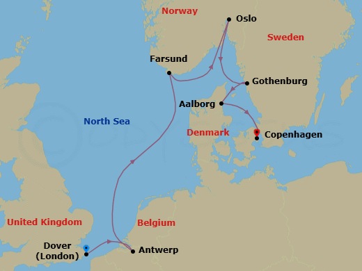 7 Night - Sweden, Norway, Denmark & Belgium - Seabourn Quest - Starting in Dover UK (London), England, Antwerp, Belgium, Farsund, Norway, Oslo, Norway, Gothenburg, Sweden, Aalborg, Denmark, Copenhagen, Denmark itinerary map