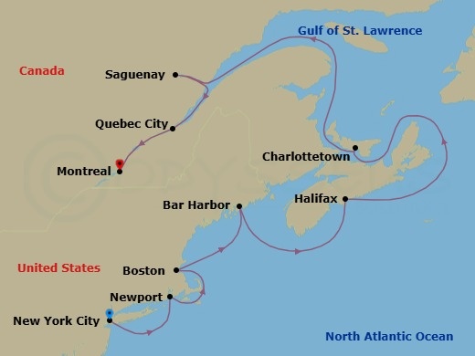 12 Night - Canada & New England Fall Foliage - Seabourn Quest - Starting in New York, Newport, Rhode Island, Transit the Cape Cod Canal, Boston, Massachusetts, Bar Harbor, Maine, Halifax, Nova Scotia, Canada, Charlottetown, Prince Edward Island, Canada, Saguenay, Quebec, Canada, Quebec City, Quebec, Canada, Montreal, Quebec, Canada itinerary map