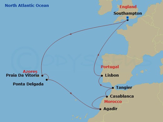 Queen Victoria - 16 Night - Portugal and Morocco - Queen Victoria - Starting in Southampton, England, UK, Praia da Vitoria, Azores, Portugal, Ponta Delgada, Azores, Portugal,.. itinerary map