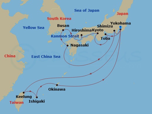 Diamond Princess - 19 Night - Grand Japan with Okinawa & Taiwan - Diamond Princess - Starting in Tokyo (Yokohama), Japan, Taipei (Keelung), Ishigaki, Japan, Okinawa, Japan, Toky.. itinerary map