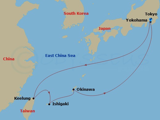 Diamond Princess - 9 Night - Okinawa & Taiwan - Diamond Princess - Starting in Tokyo (Yokohama), Japan, Taipei (Keelung), Ishigaki, Japan, Okinawa, Japan, Tokyo (Yokohama), Japan itinerary map